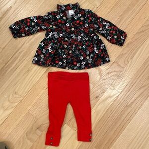 Carters Baby girl long sleeve floral black Red Green top & red leggings 9 mom